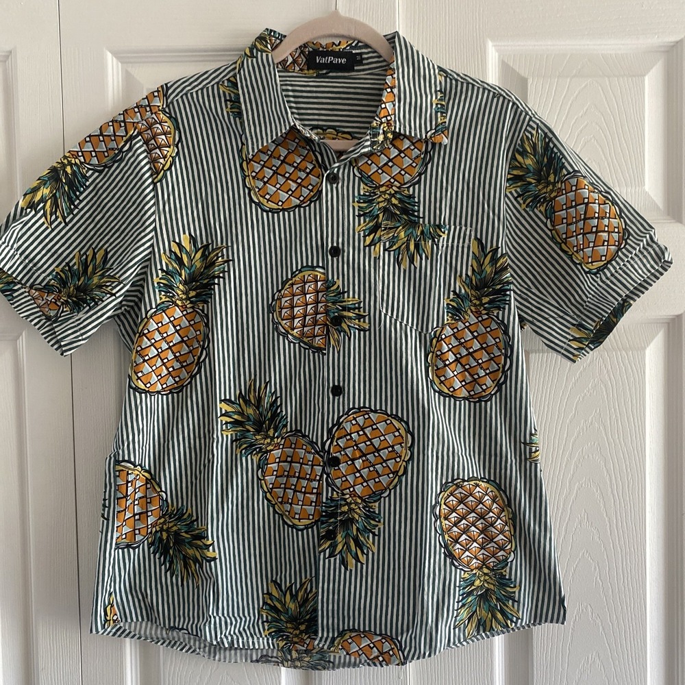 VatPave Pineapple Striped Hawaiian Mens Size M‎ Tropical Shirt Vacation Cruise